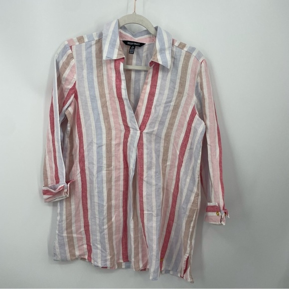 Ellen Tracy Striped 100% Linen Tunic with Collar Sz S - Picture 1 of 9